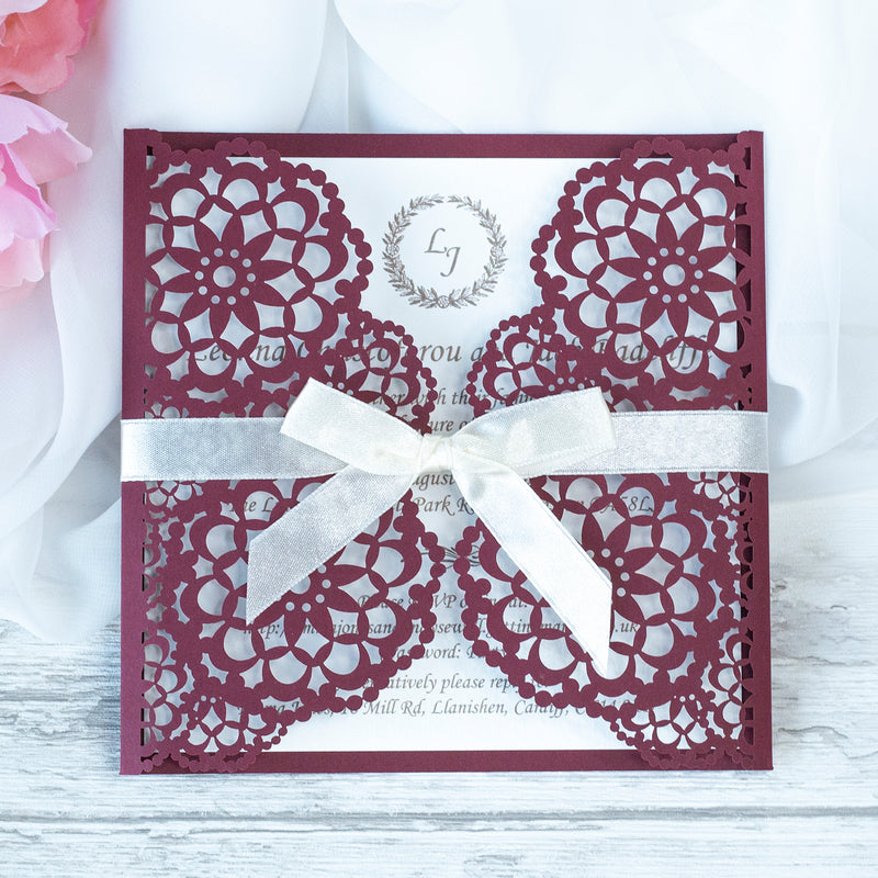 Elegant Burgundy Wedding Invitations - Laser cut Floral Invitation with Cream Insert