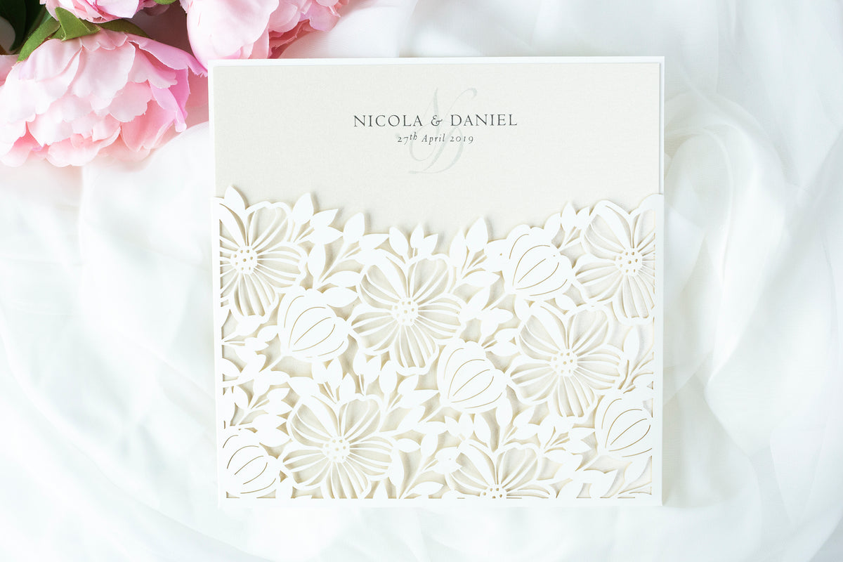 Floral Invitation Cards Square Lace Light Cream Wedding Invitations with Envelopes DIY Laser Cut Kit !