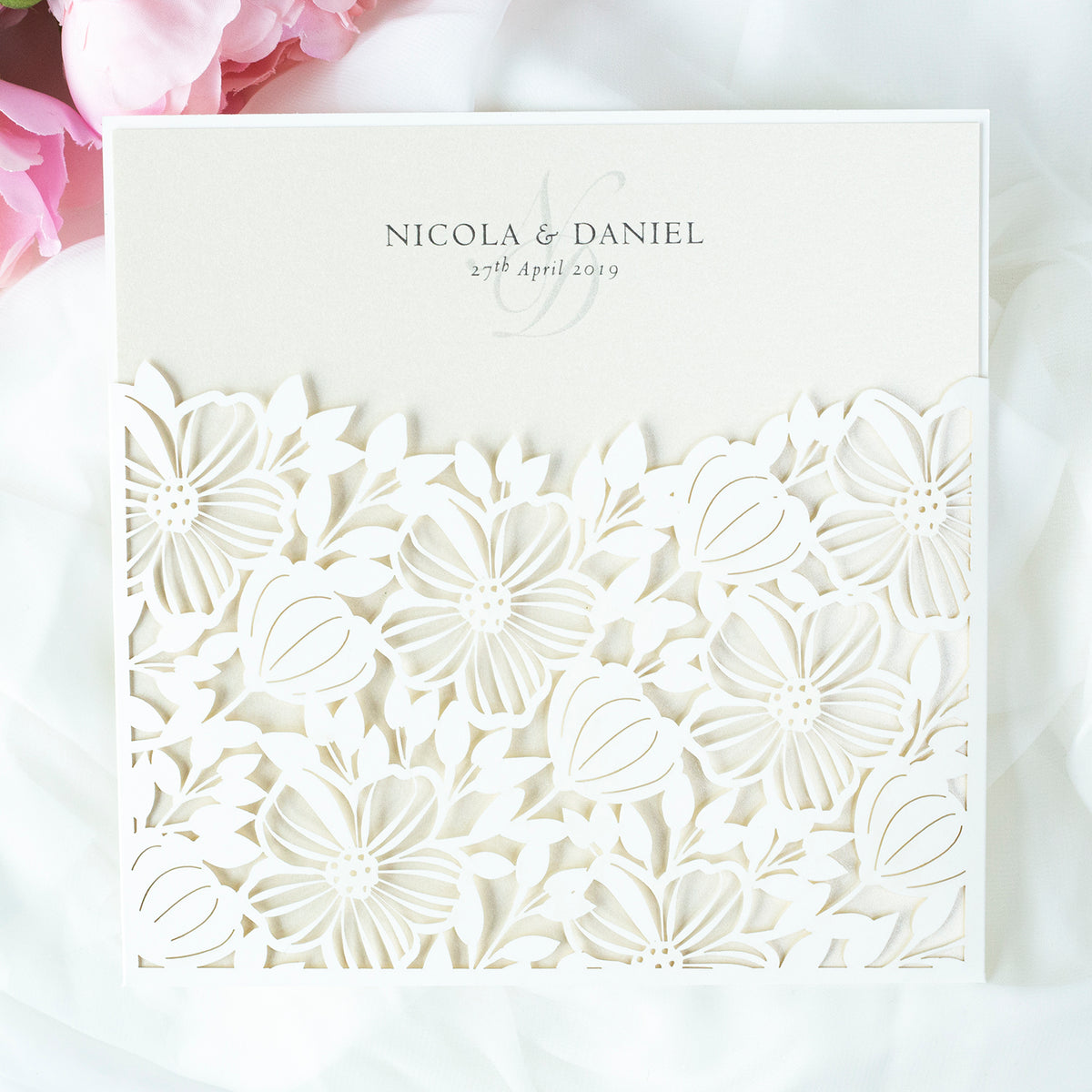 Floral Invitation Cards Square Lace Light Cream Wedding Invitations with Envelopes DIY Laser Cut Kit !