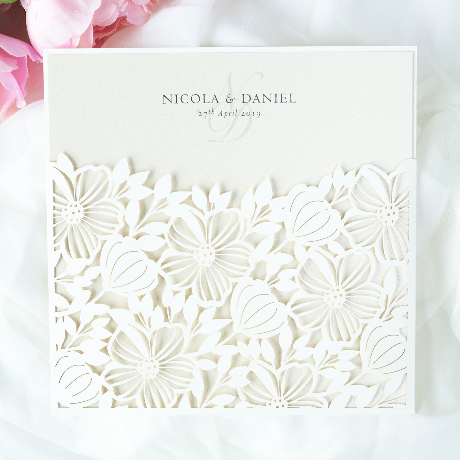 Floral Invitation Cards Square Lace Light Cream Wedding Invitations with Envelopes DIY Laser Cut Kit !