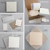 Peach Elegant Lace Square Wedding Invitations with Rose Gold foil and Gold Glitter