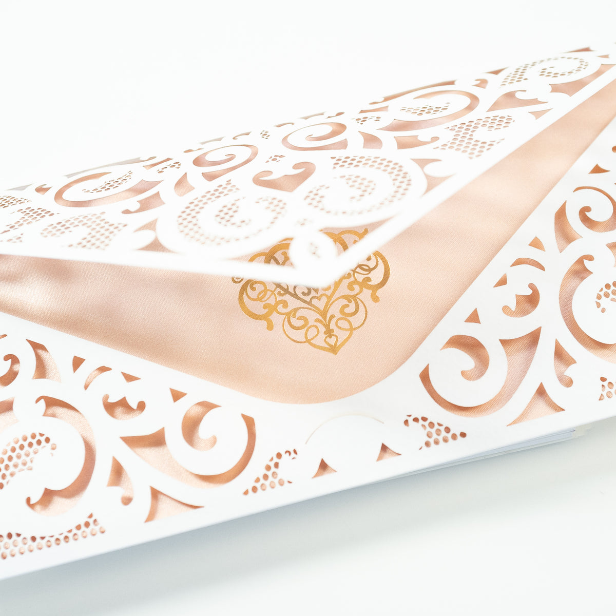 White Pocket Inivtation With Peachy Insert Rose Gold Foil Ornament