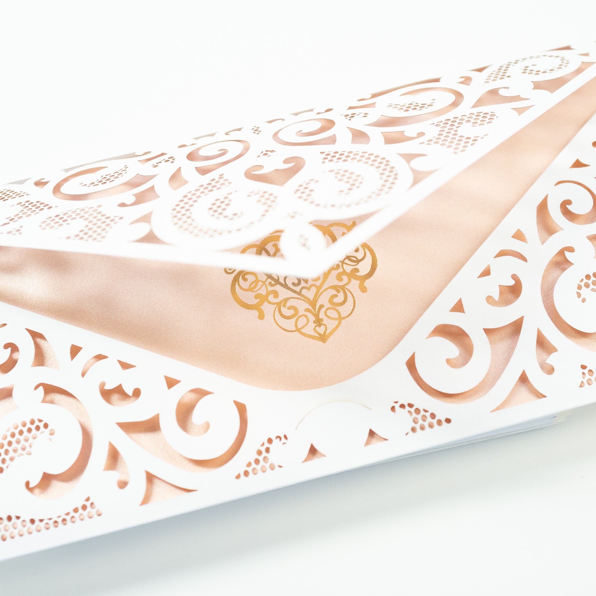 White Pocket Inivtation With Peachy Insert Rose Gold Foil Ornament