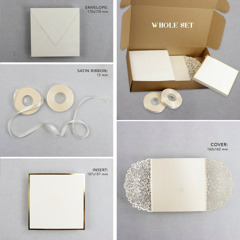 Cream Square Wedding Invitation Laser Cut Gatefold with Ribbon