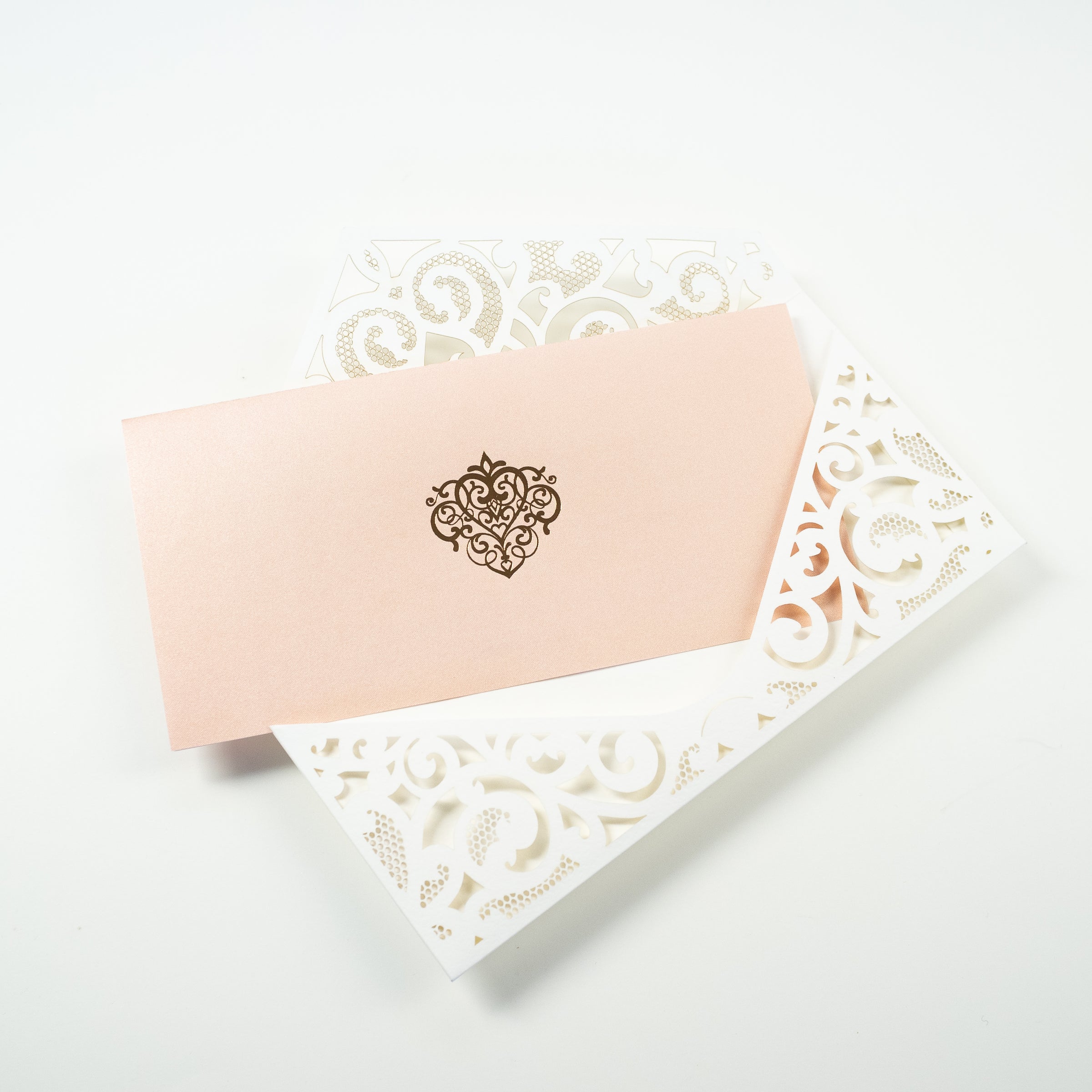 White Pocket Inivtation With Peachy Insert Rose Gold Foil Ornament
