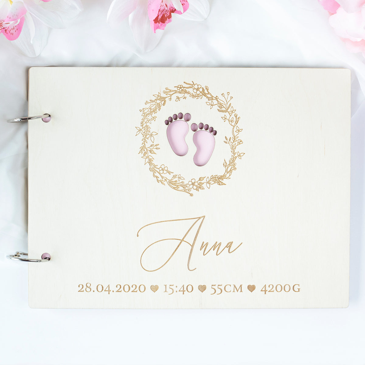 Beautiful Baby Wooden Memory Book, Photo Album with personalization - a Gift for Baptism, Birthday, My First Year- For Baby Girl