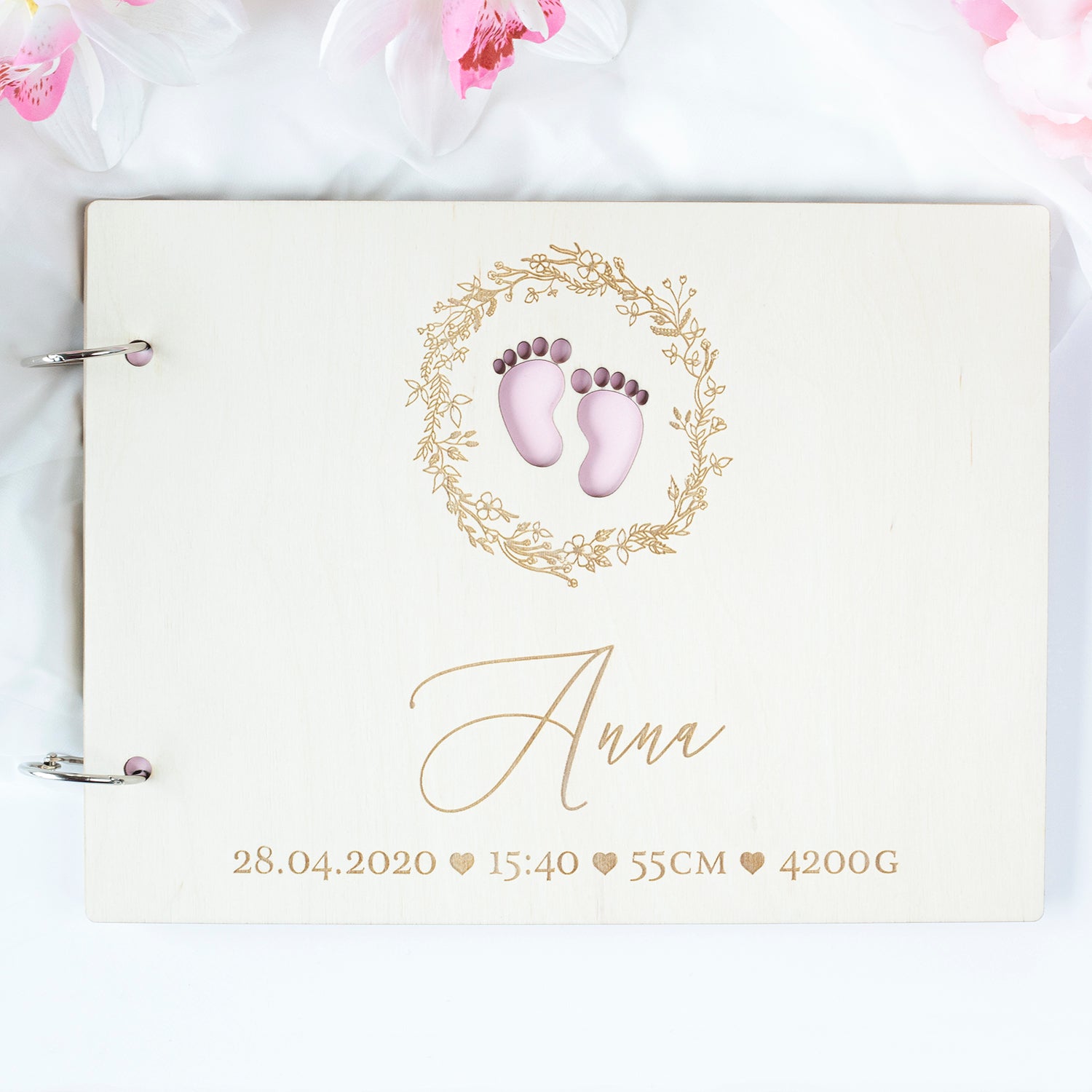 Beautiful Baby Wooden Memory Book, Photo Album with personalization - a Gift for Baptism, Birthday, My First Year- For Baby Girl