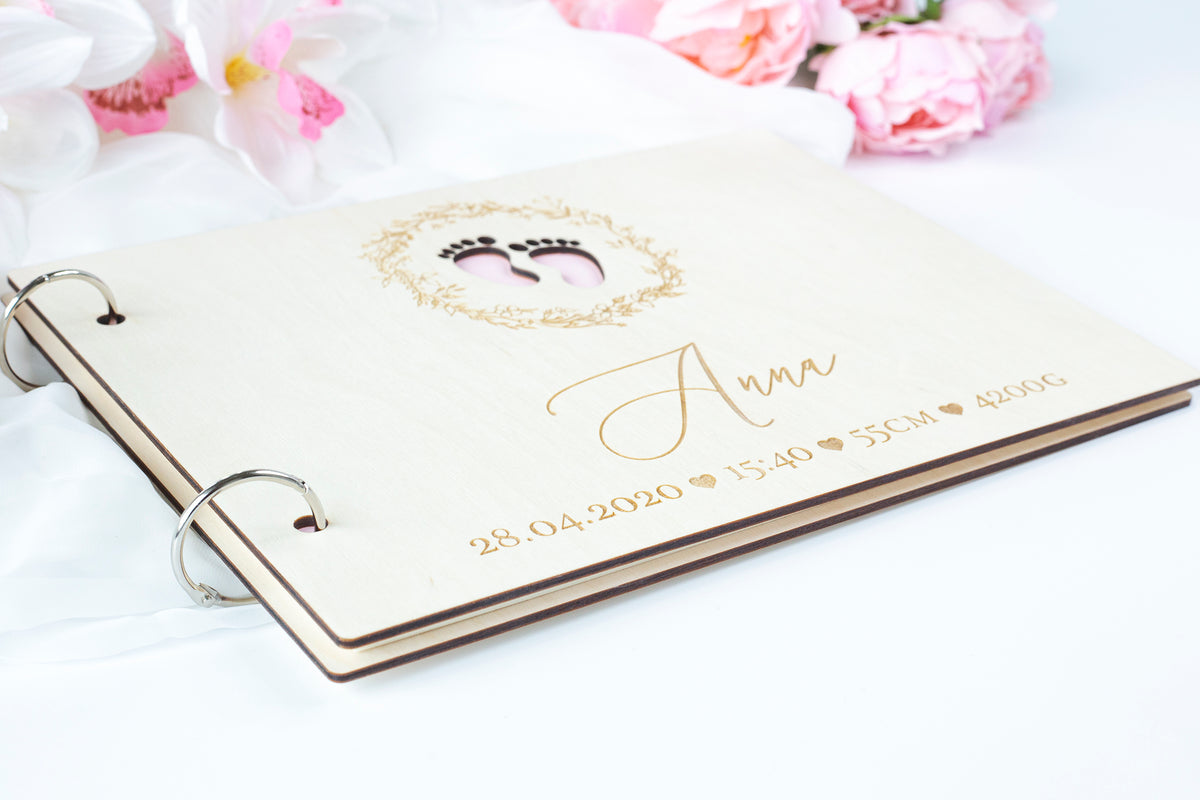 Beautiful Baby Wooden Memory Book, Photo Album with personalization - a Gift for Baptism, Birthday, My First Year- For Baby Girl