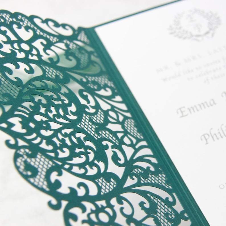 Forest Green Pocketfold Elegant Lace Floral Wedding Invitations