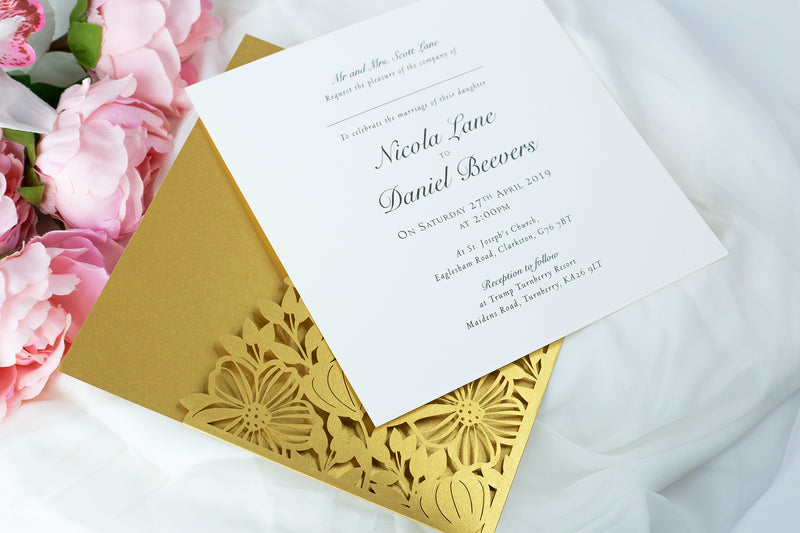 Elegant Floral Square Lace Gold Wedding Invitations with Envelopes DIY Invitation Cards Kit Laser Cut Set