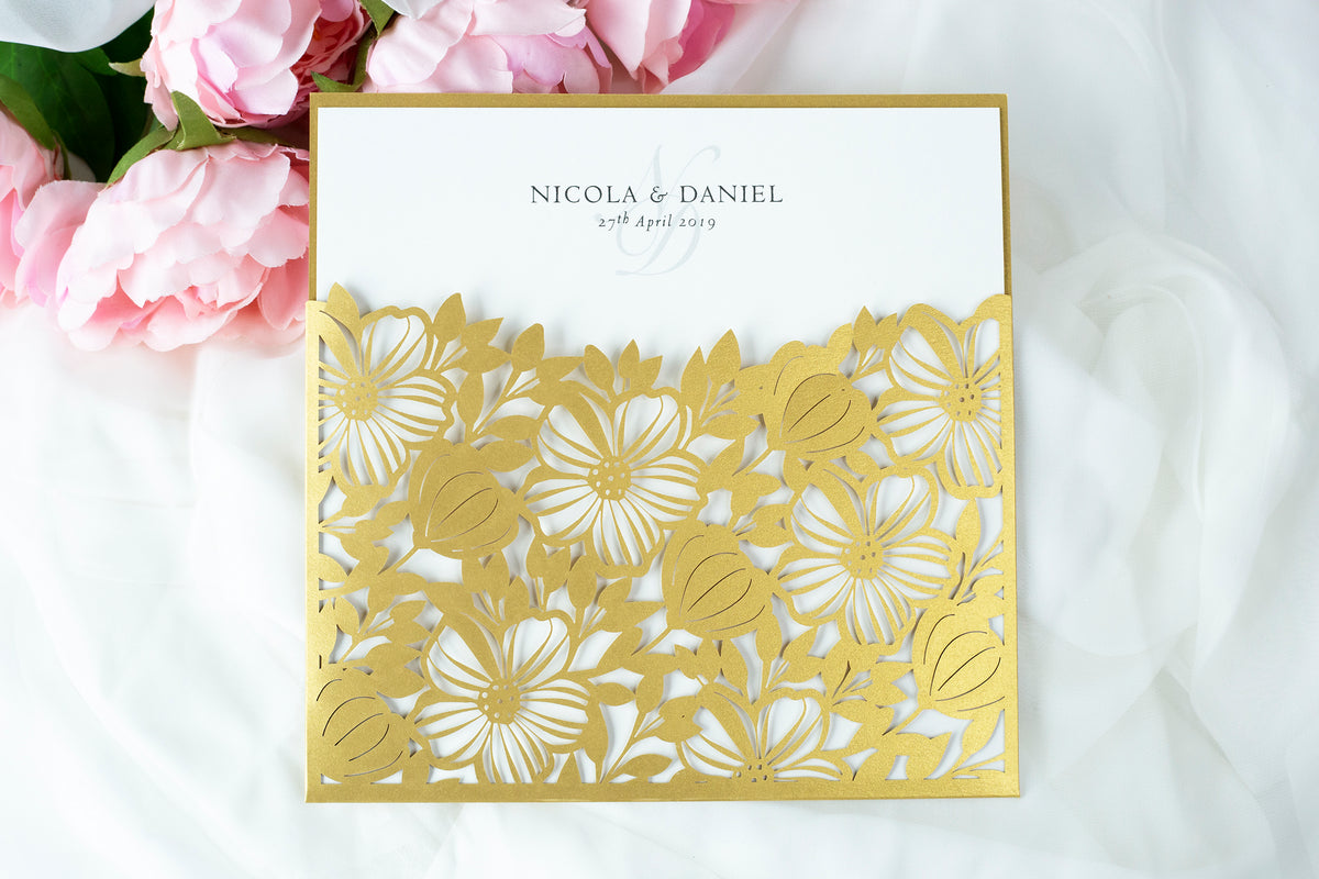 Elegant Floral Square Lace Gold Wedding Invitations with Envelopes DIY Invitation Cards Kit Laser Cut Set