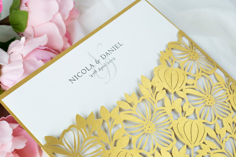 Elegant Floral Square Lace Gold Wedding Invitations with Envelopes DIY Invitation Cards Kit Laser Cut Set