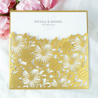 Elegant Floral Square Lace Gold Wedding Invitations with Envelopes DIY Invitation Cards Kit Laser Cut Set