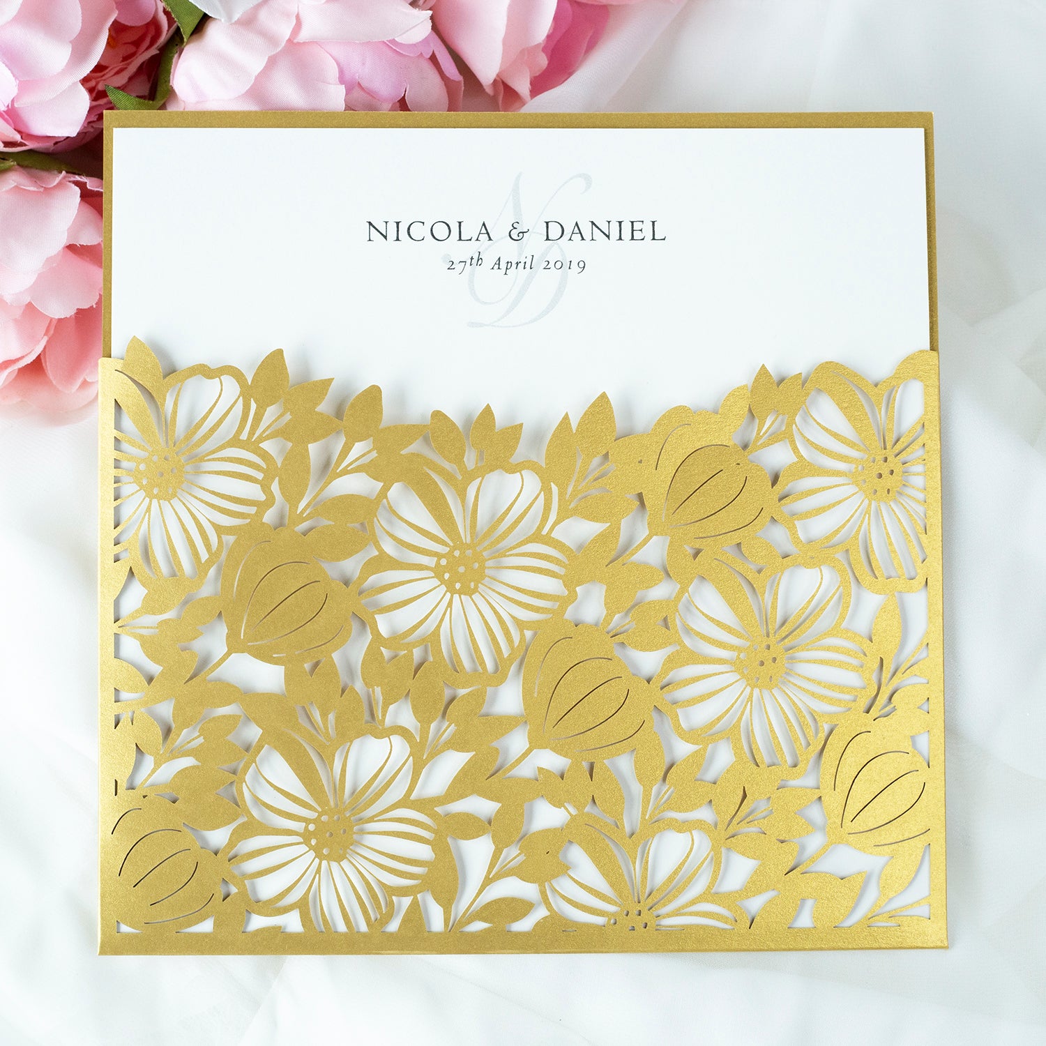 Elegant Floral Square Lace Gold Wedding Invitations with Envelopes DIY Invitation Cards Kit Laser Cut Set