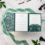 Forest Green Pocketfold Elegant Lace Floral Wedding Invitations
