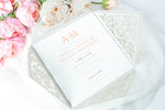 Light Grey Square Laser Cut Wedding Invitations with Cream Insert and Rose Gold Glitter