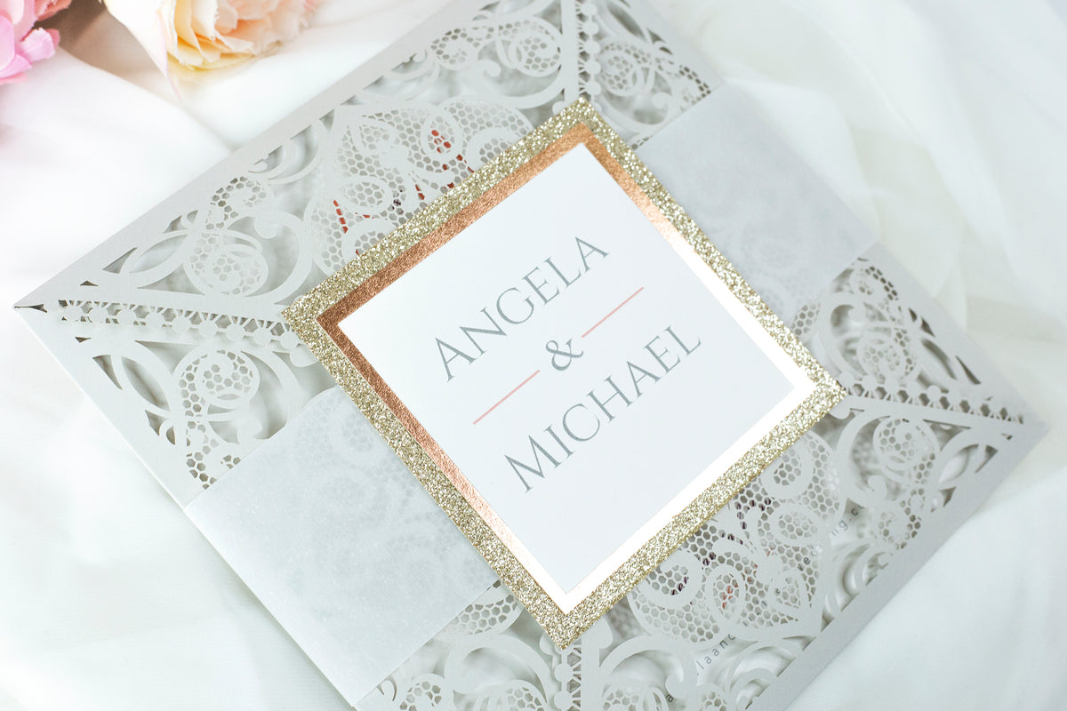 Light Grey Square Laser Cut Wedding Invitations with Cream Insert and Rose Gold Glitter