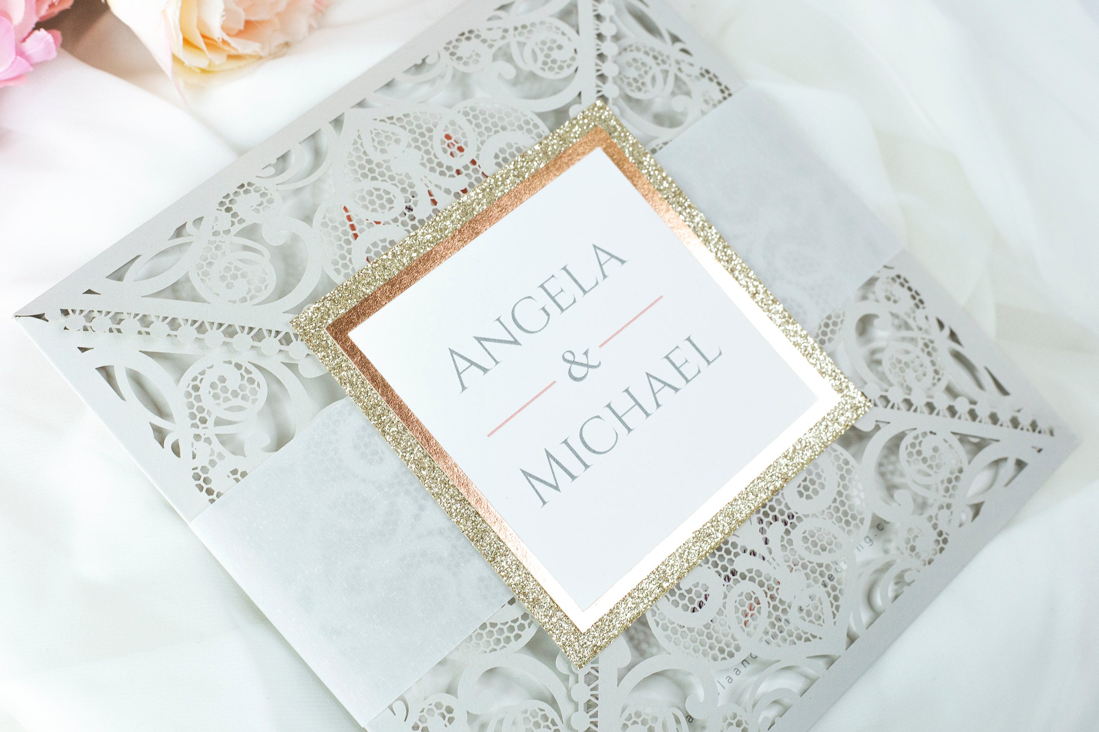 Light Grey Square Laser Cut Wedding Invitations with Cream Insert and Rose Gold Glitter