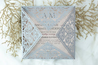 Grey Square Elegant Wedding Invitations with Peach Insert and Gold Glitter