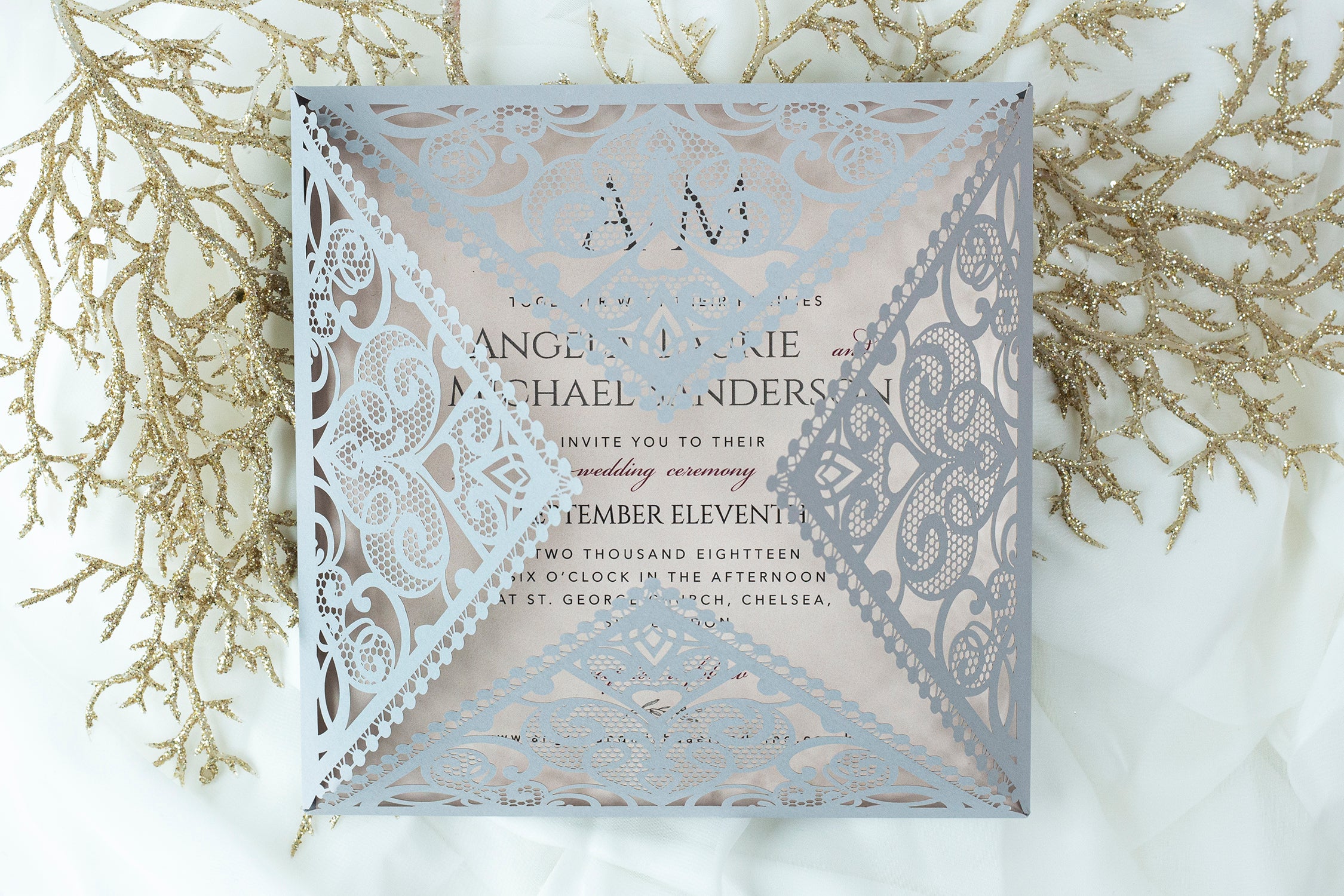 Grey Square Elegant Wedding Invitations with Peach Insert and Gold Glitter