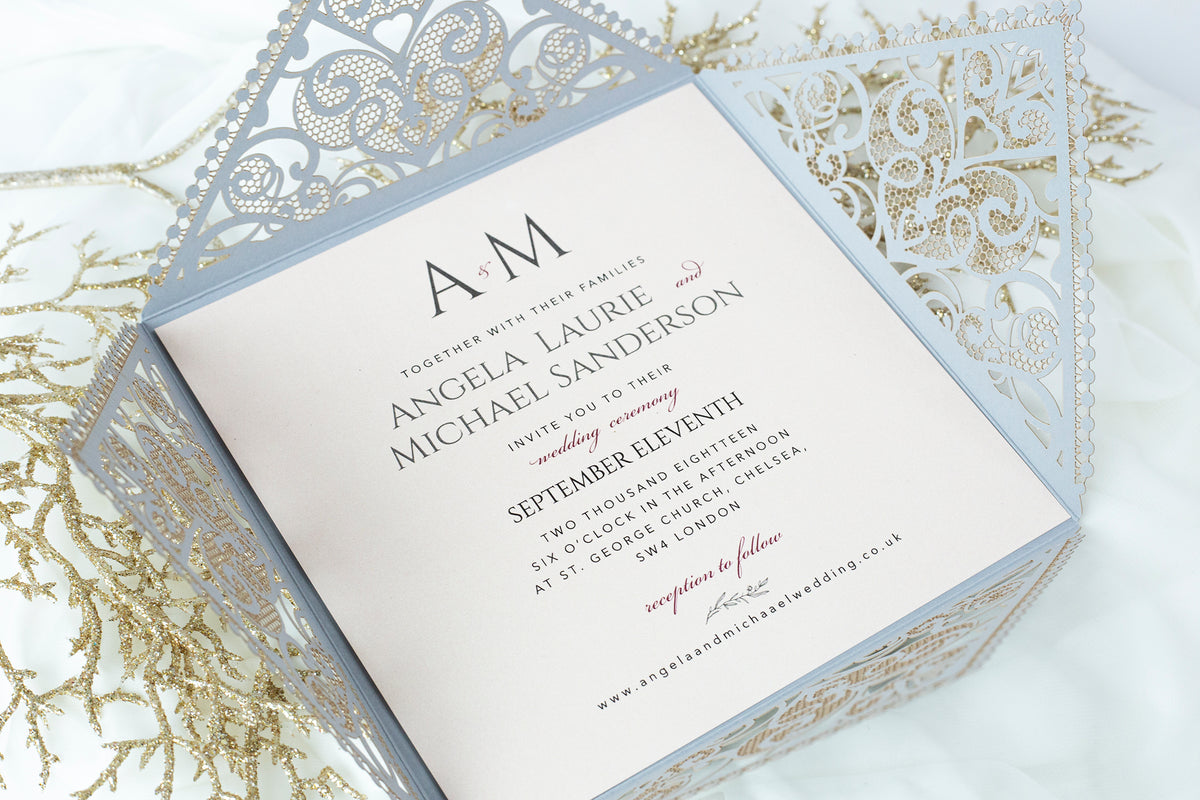 Grey Square Elegant Wedding Invitations with Peach Insert and Gold Glitter