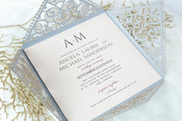 Grey Square Elegant Wedding Invitations with Peach Insert and Gold Glitter