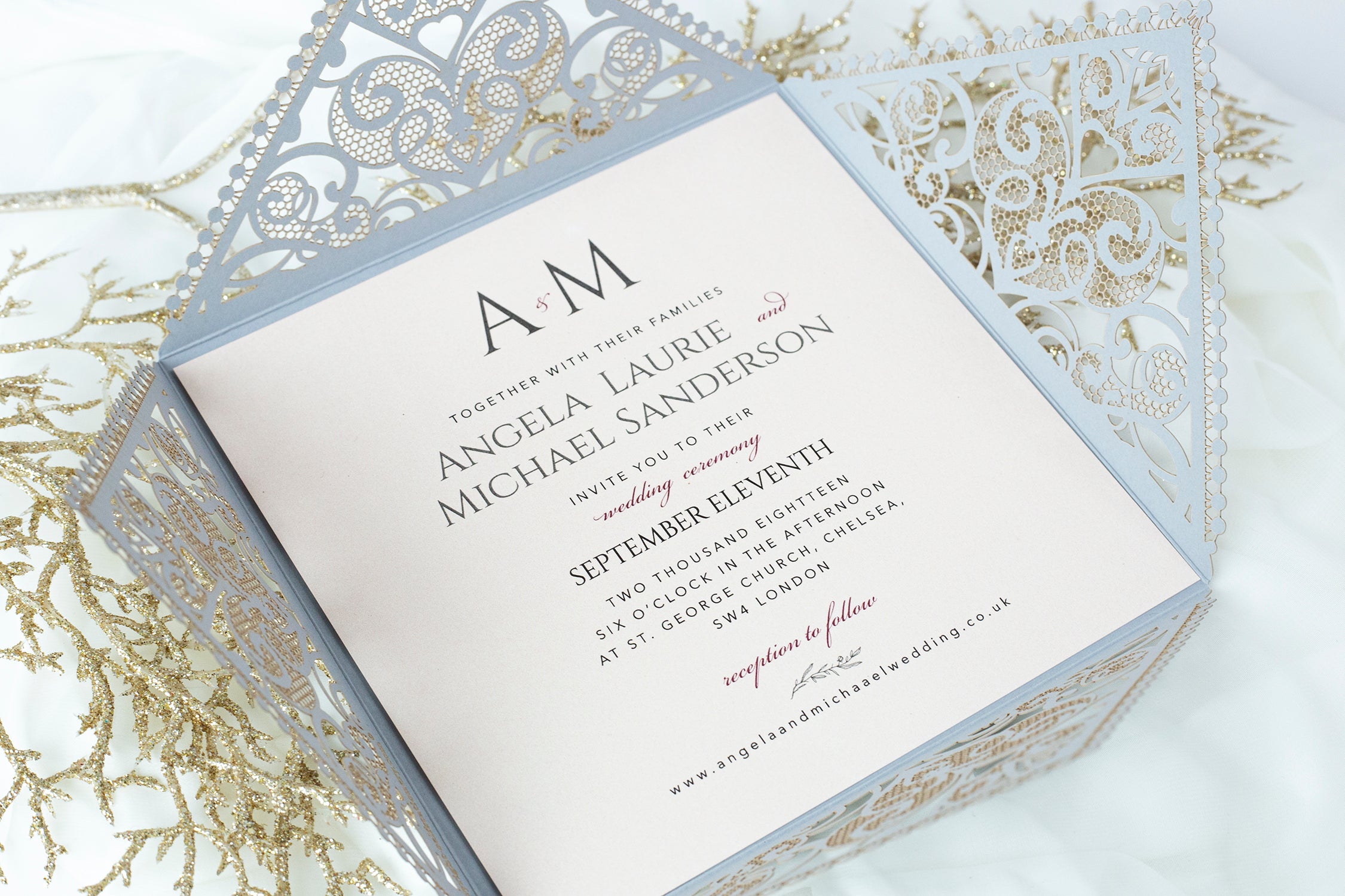 Grey Square Elegant Wedding Invitations with Peach Insert and Gold Glitter