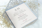 Grey Square Elegant Wedding Invitations with Peach Insert and Gold Glitter