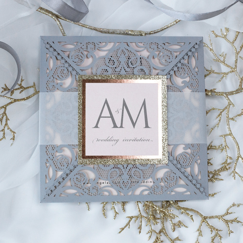 Grey Square Elegant Wedding Invitations with Peach Insert and Gold Glitter
