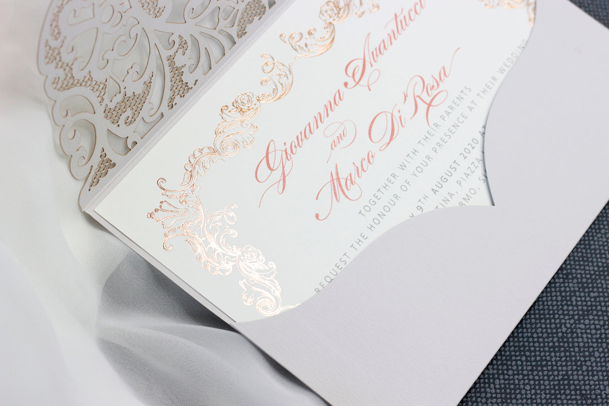 Grey Laser Cut Pocket Floral Invitations with Rose Gold Ornament