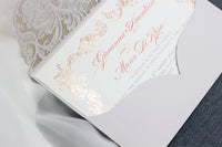 Grey Laser Cut Pocket Floral Invitations with Rose Gold Ornament