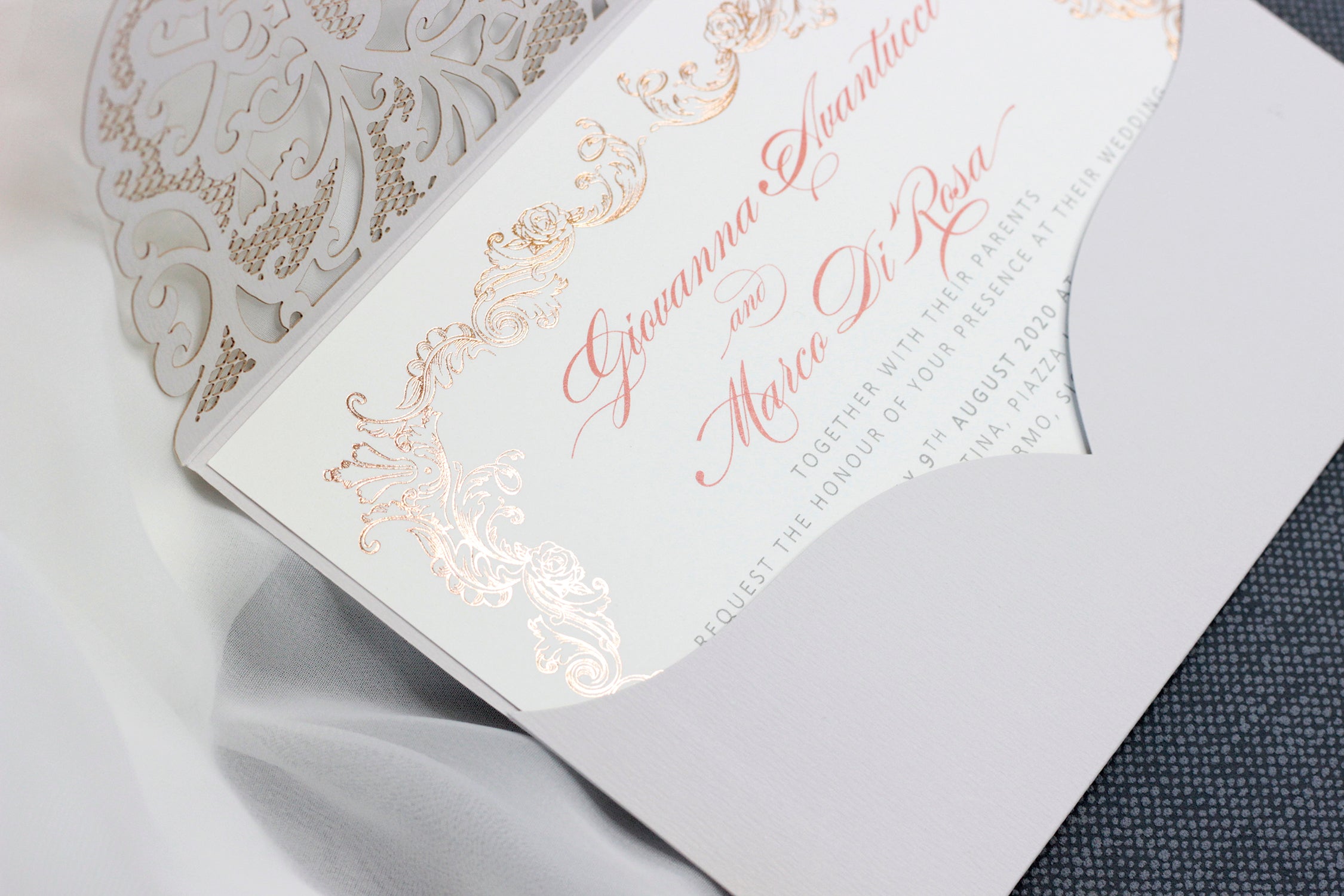Grey Laser Cut Pocket Floral Invitations with Rose Gold Ornament