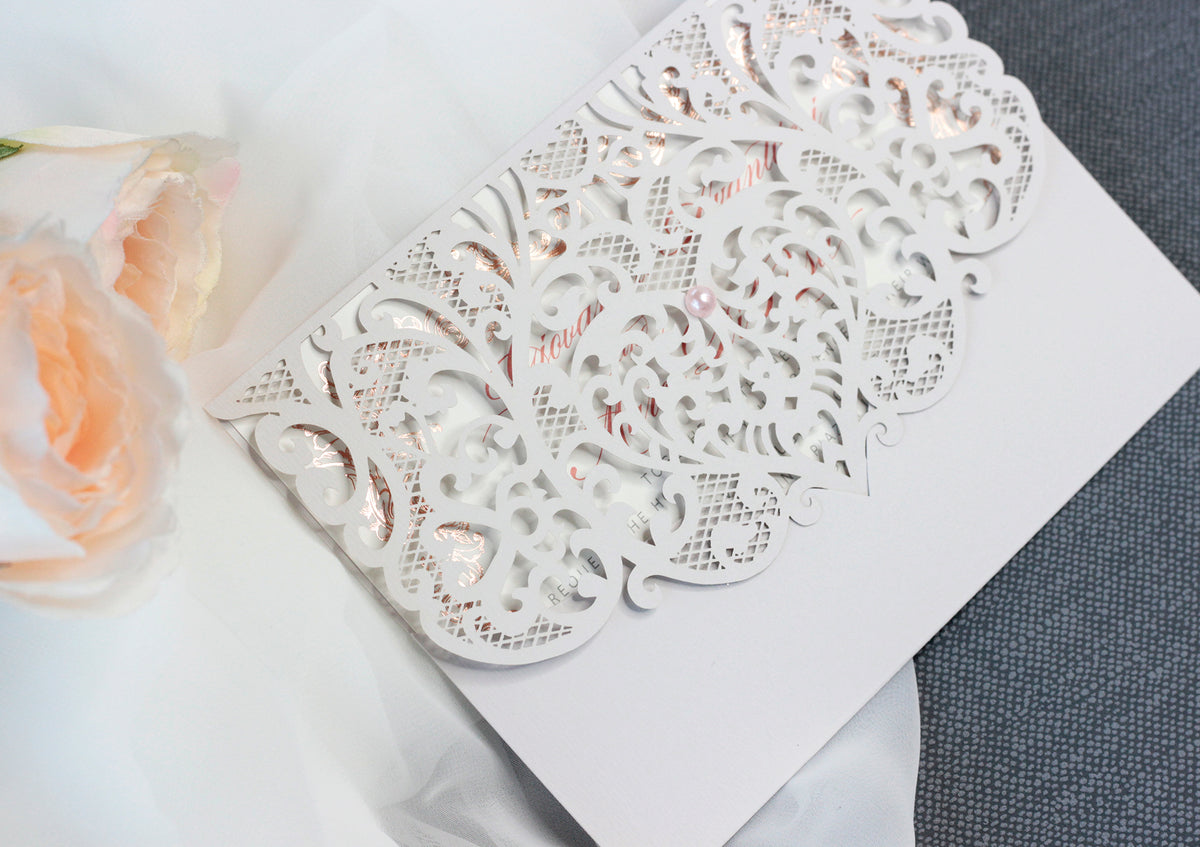 Grey Laser Cut Pocket Floral Invitations with Rose Gold Ornament