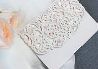Grey Laser Cut Pocket Floral Invitations with Rose Gold Ornament