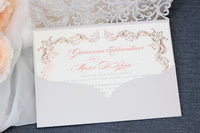 Grey Laser Cut Pocket Floral Invitations with Rose Gold Ornament