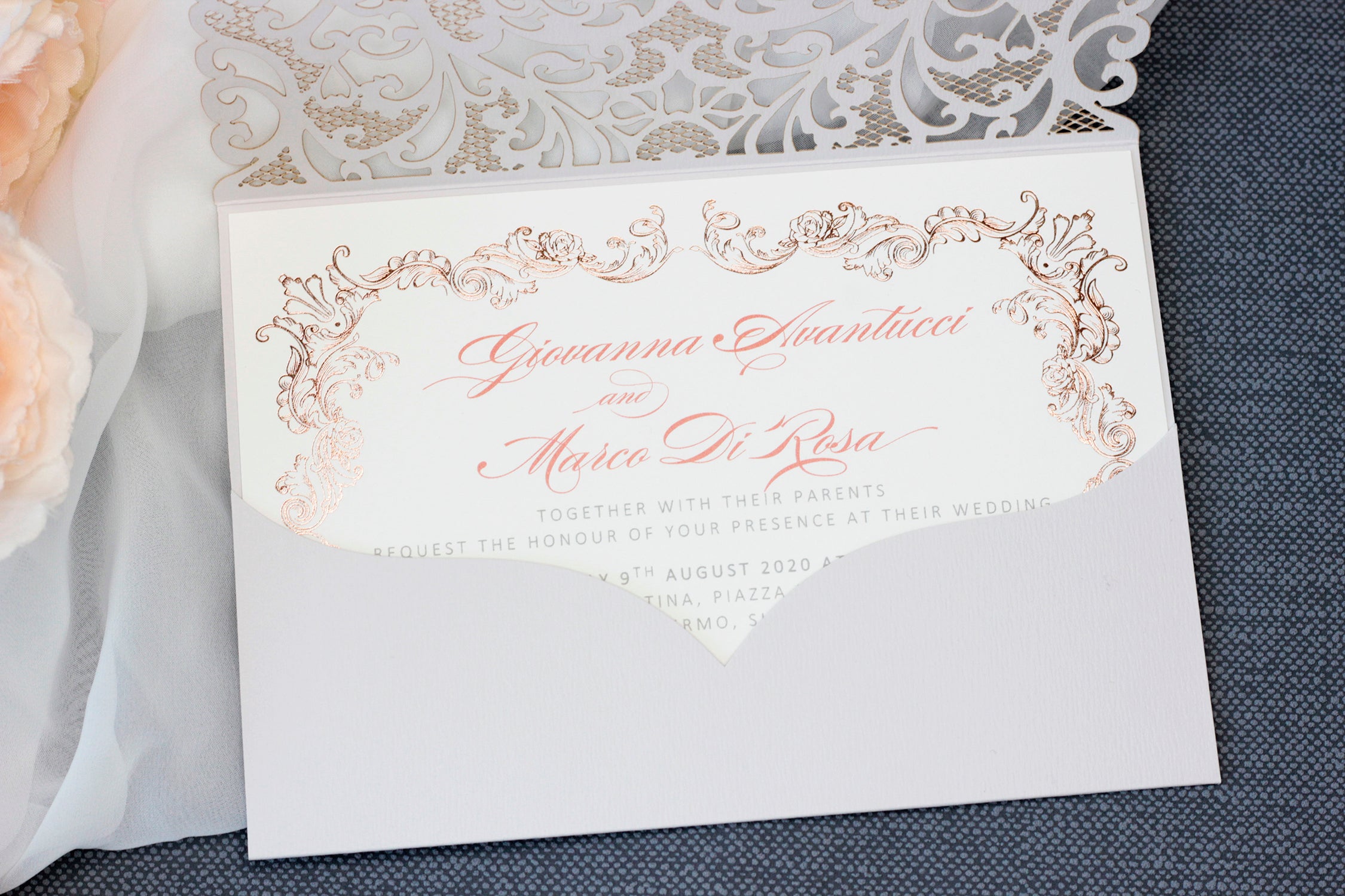 Grey Laser Cut Pocket Floral Invitations with Rose Gold Ornament
