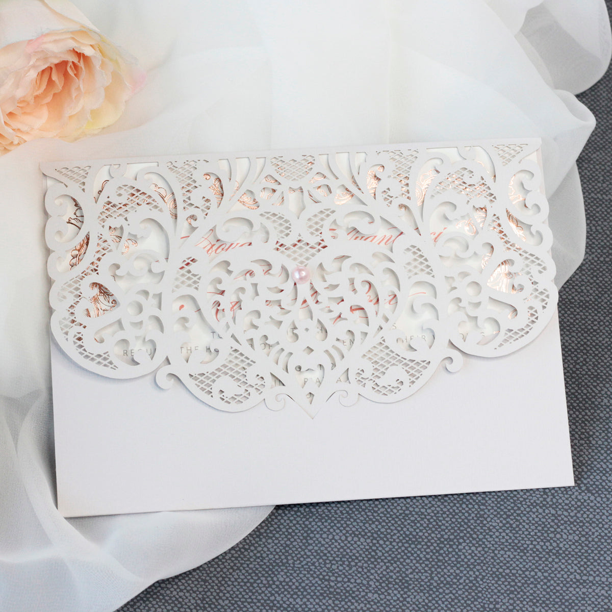 Grey Laser Cut Pocket Floral Invitations with Rose Gold Ornament