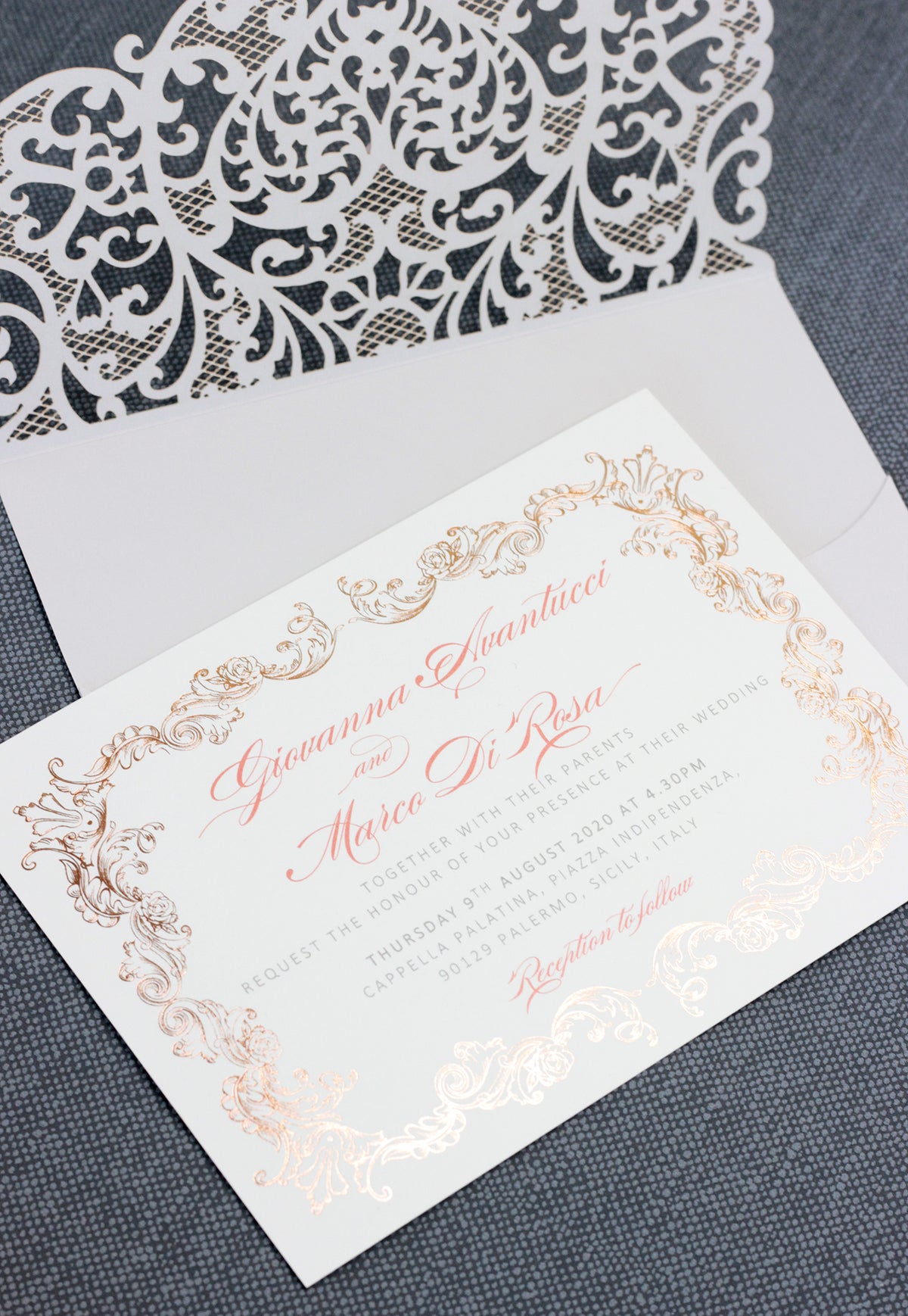Grey Laser Cut Pocket Floral Invitations with Rose Gold Ornament