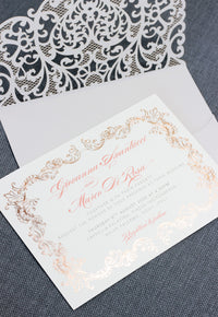 Grey Laser Cut Pocket Floral Invitations with Rose Gold Ornament