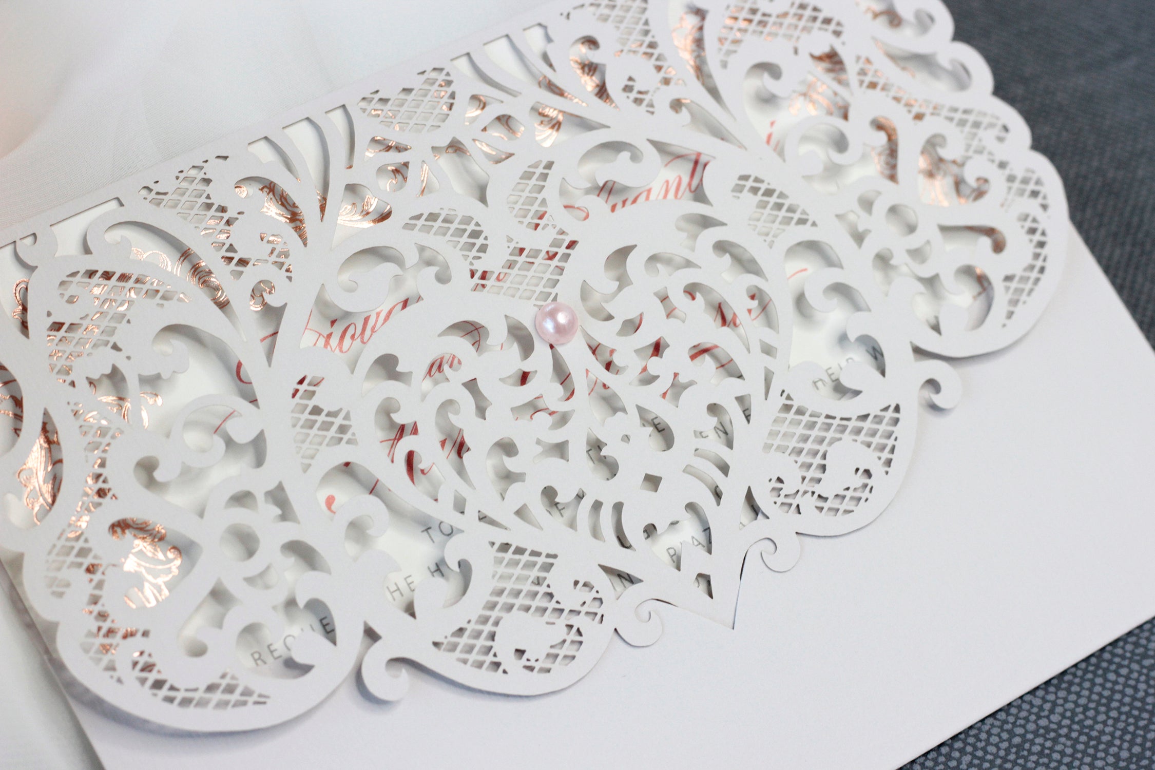 Grey Laser Cut Pocket Floral Invitations with Rose Gold Ornament