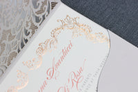 Grey Laser Cut Pocket Floral Invitations with Rose Gold Ornament