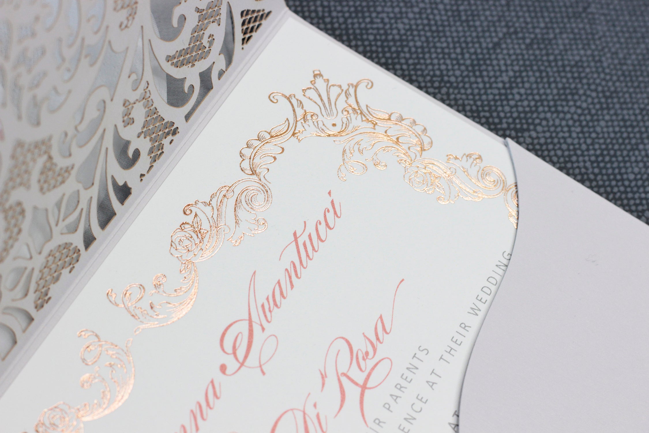 Grey Laser Cut Pocket Floral Invitations with Rose Gold Ornament