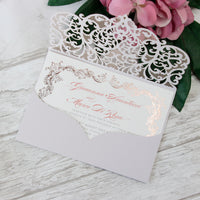 Grey Laser Cut Pocket Floral Invitations with Rose Gold Ornament