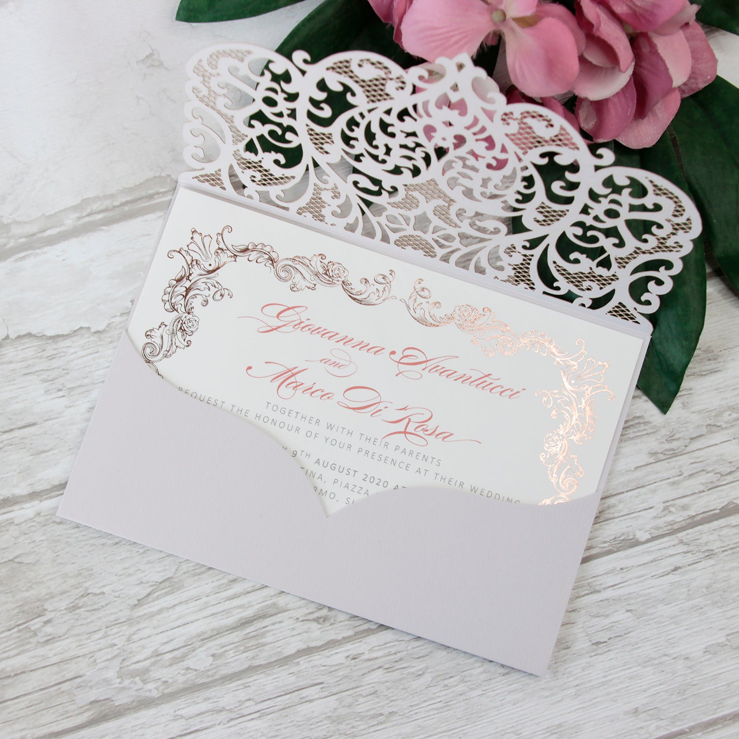 Grey Laser Cut Pocket Floral Invitations with Rose Gold Ornament