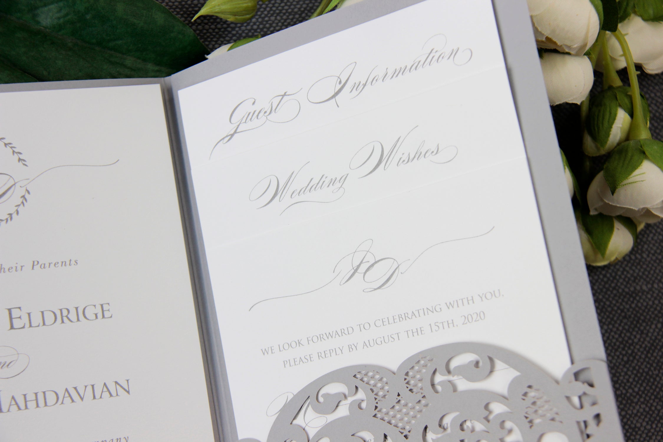 Grey Pocketfold Elegant Lace Floral Wedding Invitations