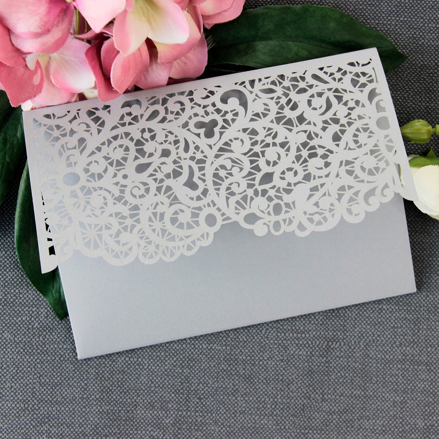 Grey Pocketfold Lace Floral Wedding Invitations
