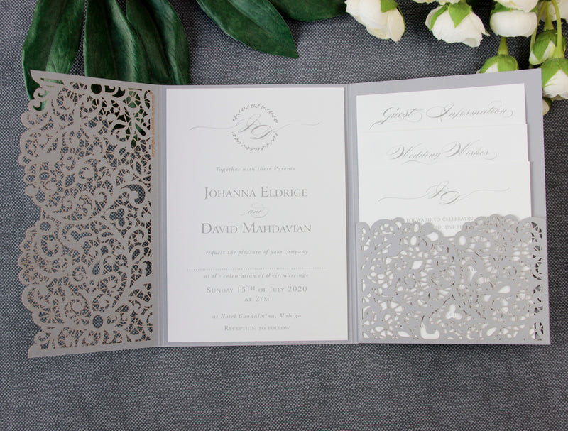 Grey Pocketfold Lace Floral Wedding Invitations