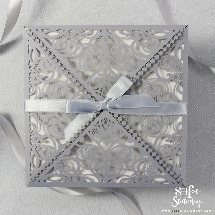 DIY Invitations Wedding Invitation Cards Laser Cut with Cream Lace + Envelope Elegant Gray Satin Ribbon Wedding Invitations Birthday