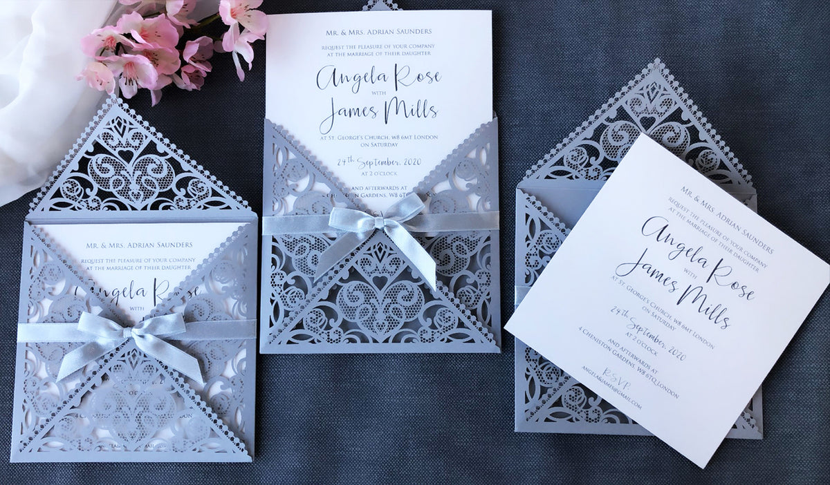 DIY Invitations Wedding Invitation Cards Laser Cut with Cream Lace + Envelope Elegant Gray Satin Ribbon Wedding Invitations Birthday