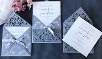 DIY Invitations Wedding Invitation Cards Laser Cut with Cream Lace + Envelope Elegant Gray Satin Ribbon Wedding Invitations Birthday